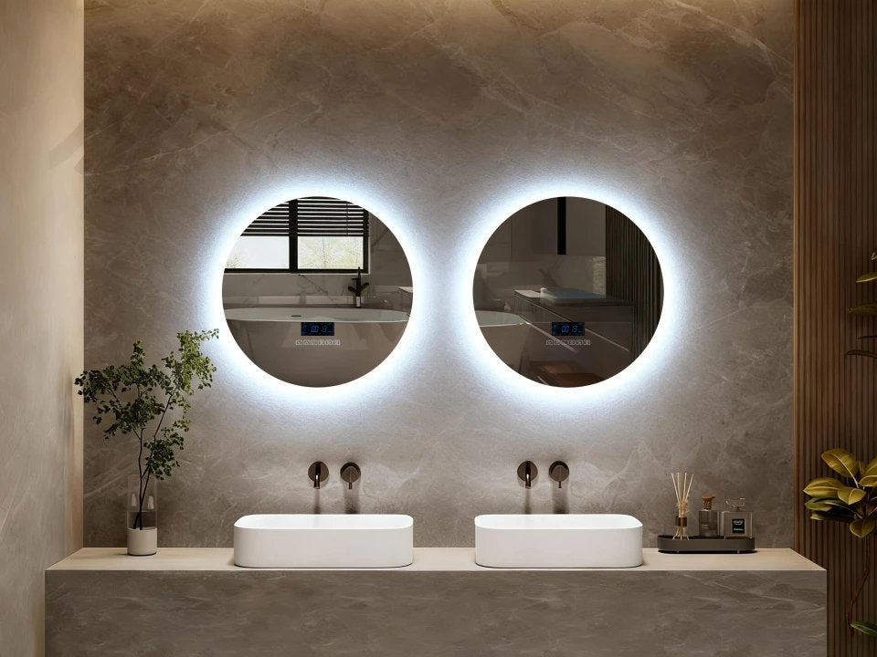 Nieuwe Design Spiegel met LED, Bluetooth & Verwarmi, Huis en Inrichting, Rond, Nieuw, Ophalen of Verzenden, Minder dan 100 cm