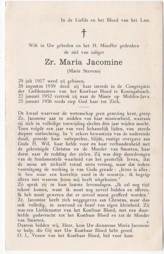 zr. Marie Stevens 1917 Horssen + 1956 Midden Java, 38 jaar, Verzamelen, Bidprentjes en Rouwkaarten, Verzenden