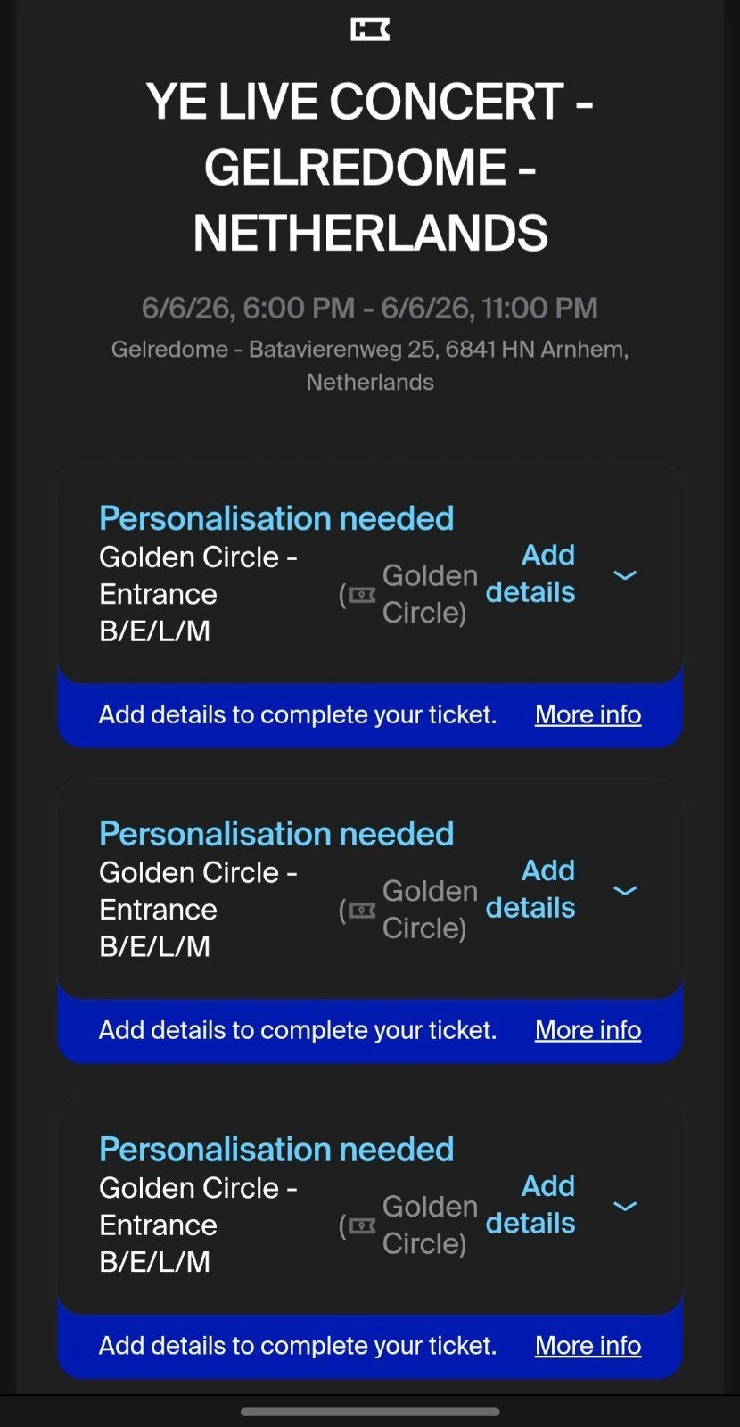 Kanye West Golden circle tickets gelredome (6 juni), Tickets en Kaartjes, Twee personen, Juni