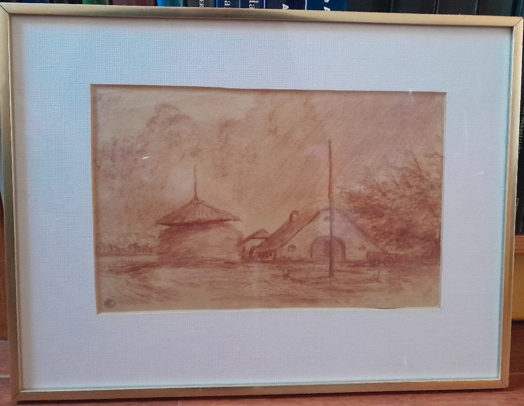 Boerderijtje, tekening met rood krijt, inclusief lijst, Ophalen, Minder dan 50 cm, Gebruikt, 5 – 50