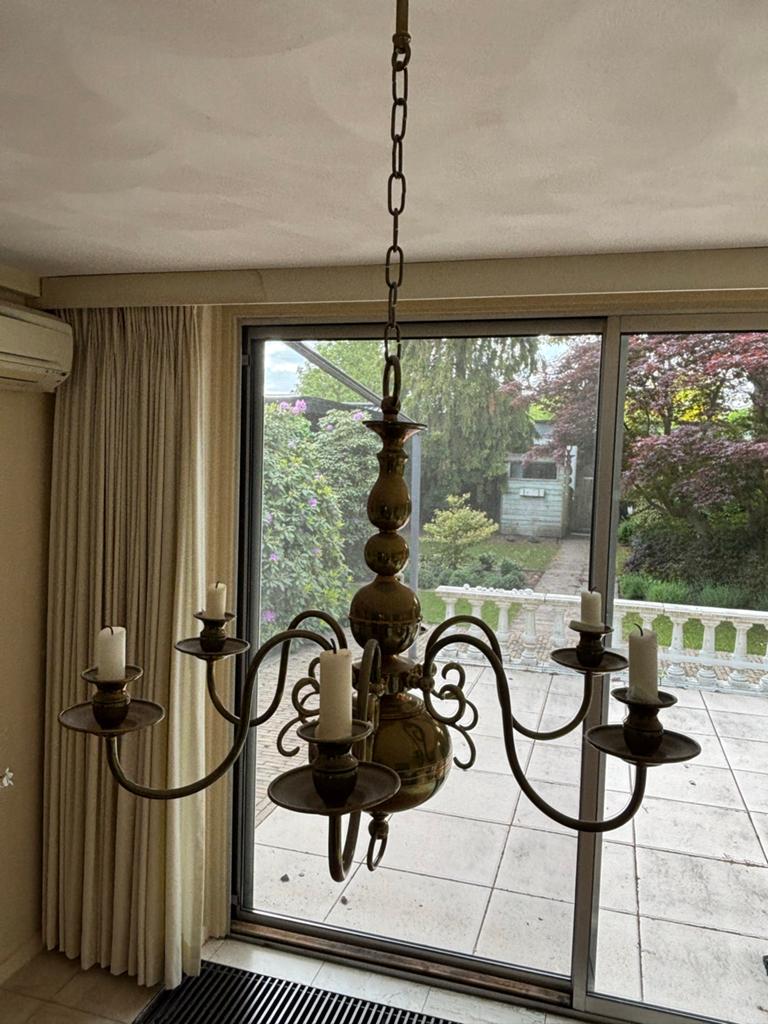 Koperen hanglamp / kroonluchter voor echte kaarsen, Huis en Inrichting, Lampen | Kroonluchters, Ophalen, Gebruikt, Metaal