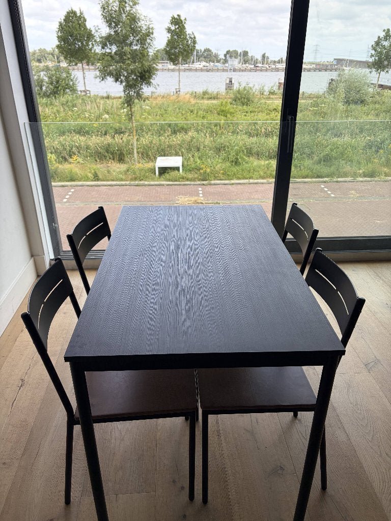 IKEA SANDSBERG eettafel + 4x BUSLÄTT stoelen, Ophalen, Gebruikt, Rechthoekig, 50 tot 100 cm