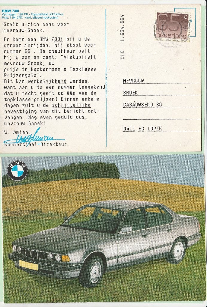 BMW 730i Neckermann -wervingskaart -, Verzamelen, Ophalen, Zo goed als nieuw, Auto's