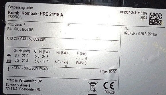 Intergas HRE 24/18 A label 19.02.2025 geplaatst-factuur🚿CW3, Ophalen, Minder dan 60 cm, Cv-ketel of Combi-ketel, 30 tot 80 cm