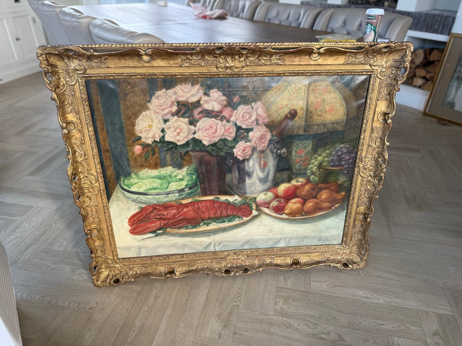 Groot stilleven met kreeft, fruit en bloemen, gesigneerd, Ophalen, Doek, Stilleven, Gesigneerd