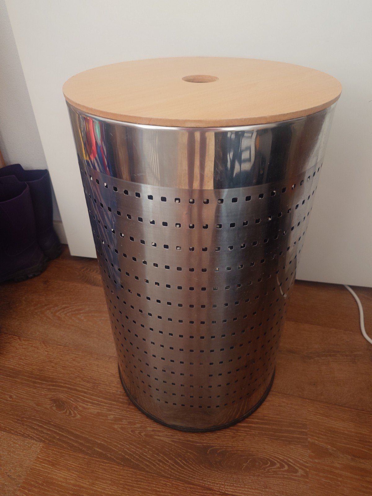 Oude RVS wasmand met houten deksel, Ophalen of Verzenden, Gebruikt