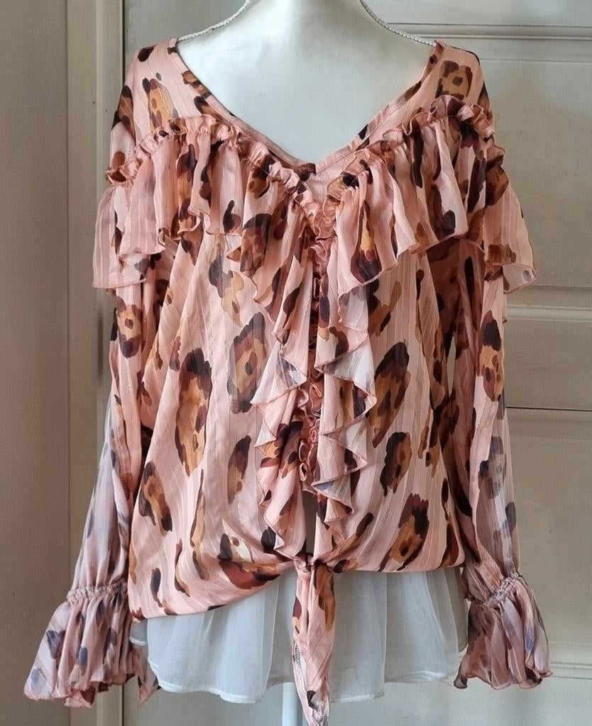 Mooie roze blouse met panter print en rouches maat 3 (XL), Maat 46/48 (XL) of groter, Jeff Gallano, Ophalen of Verzenden, Zo goed als nieuw