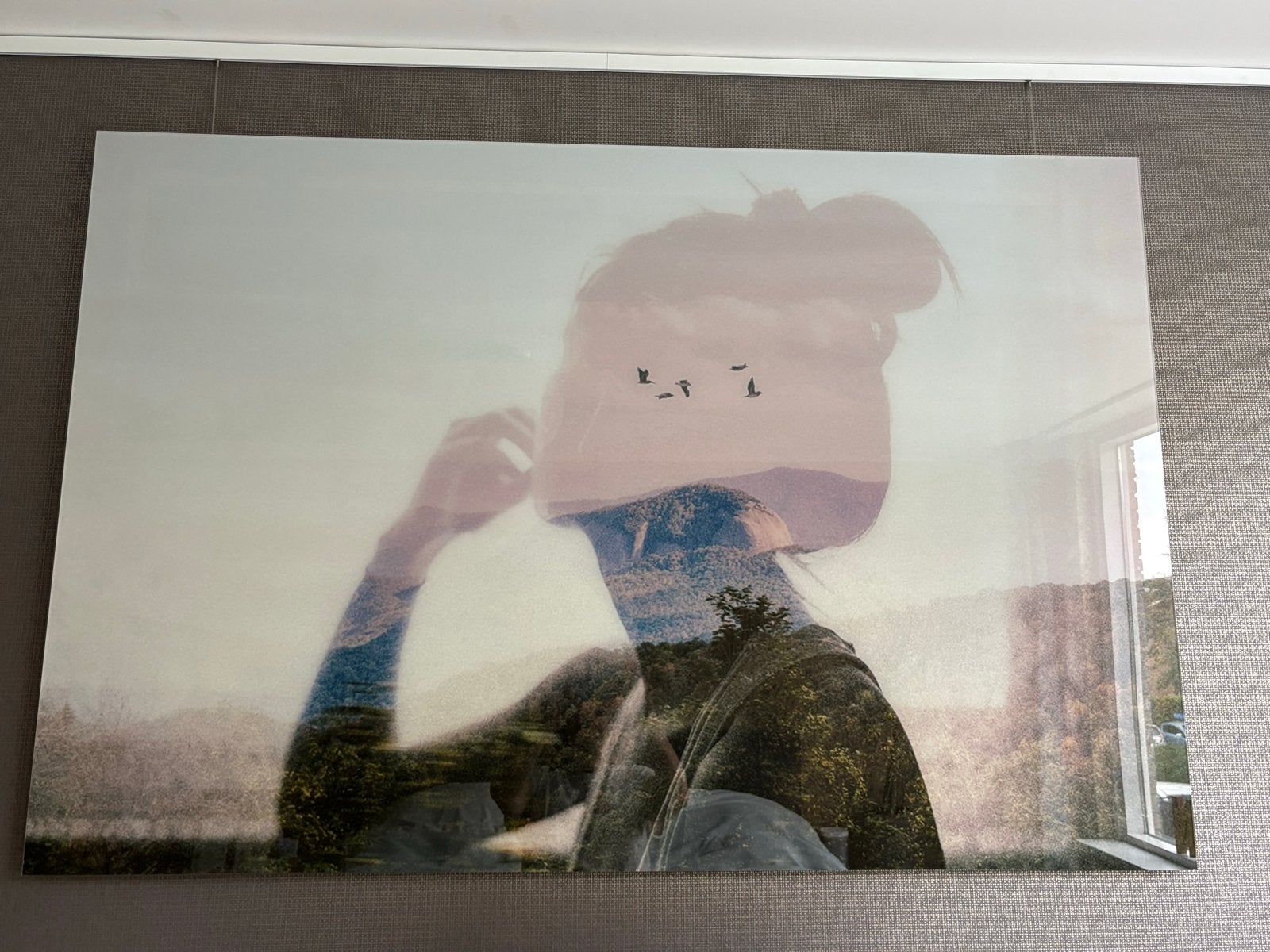 Foto schilderij plexiglas: Vrouw met landschap en vogels, Ophalen, Nieuw, 125 cm of meer, Schilderij