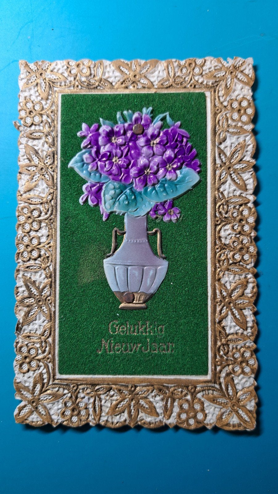 Gelukkig Nieuwjaar oud brocante. Vilt, celluloid ,, Verzenden, Voor 1920, Ongelopen