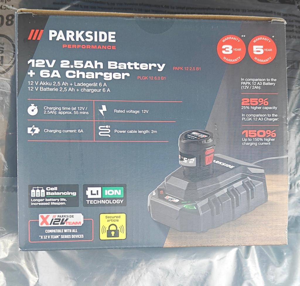 Parkside 12V 2.5Ah Accu + 6A Oplader (Nieuw), Doe-het-zelf en Verbouw, Ophalen of Verzenden, Nieuw