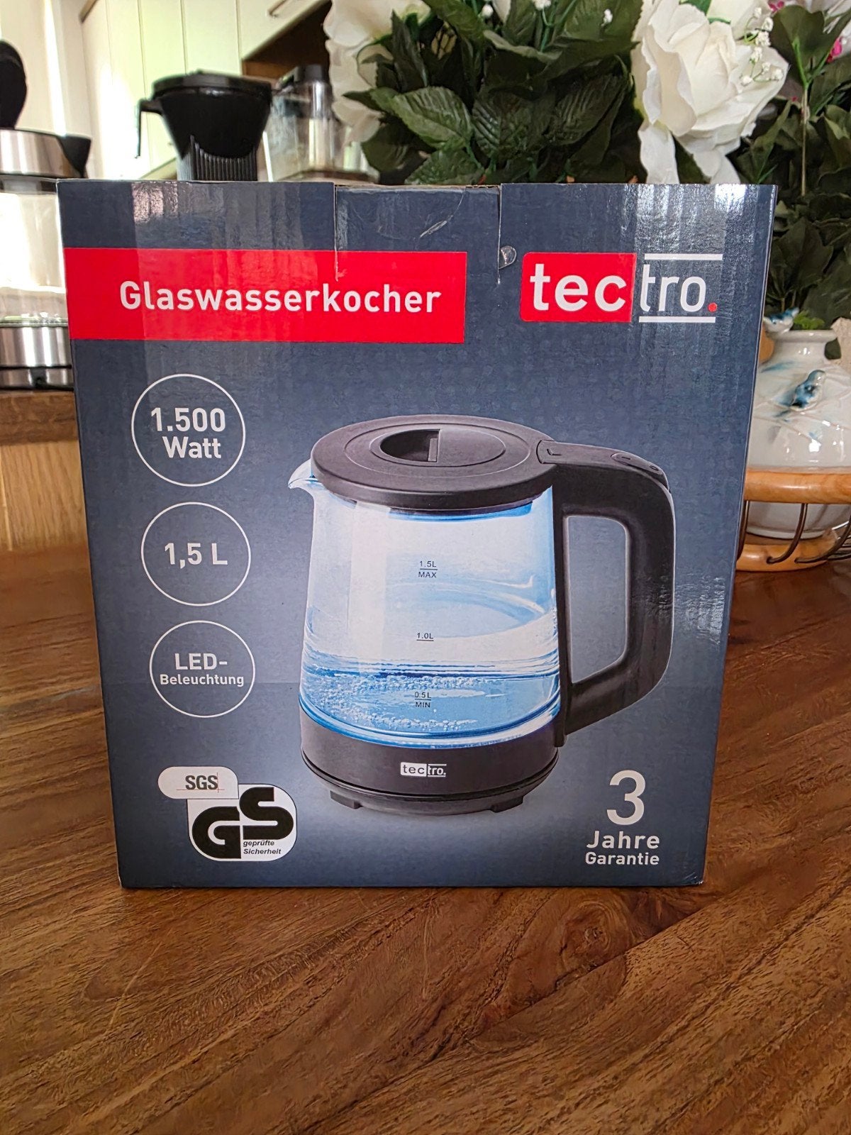 TecTro Glazen Waterkoker 1.5L met LED-verlichting, 1 tot 2 liter, Ophalen, Nieuw, Draadloos
