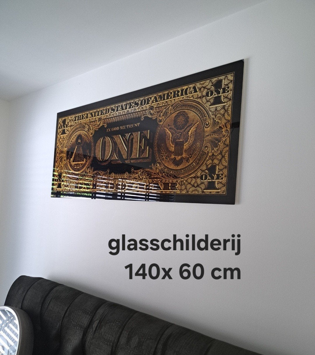 Glasschilderij One Dollar Biljet 140x60 cm, Ophalen, 50 tot 75 cm, 125 cm of meer, Zo goed als nieuw