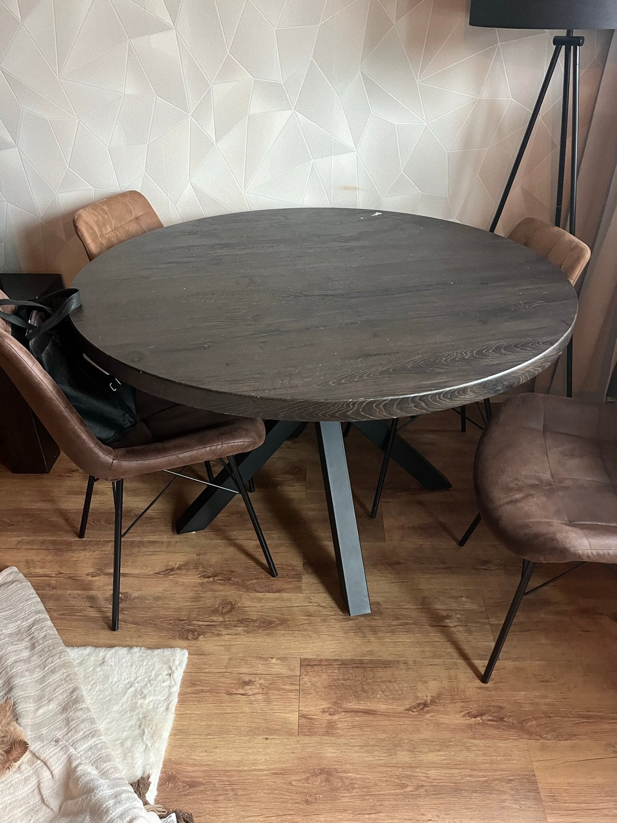 Ronde eettafel met metalen onderstel, Ophalen, Gebruikt, 100 tot 150 cm, Rond