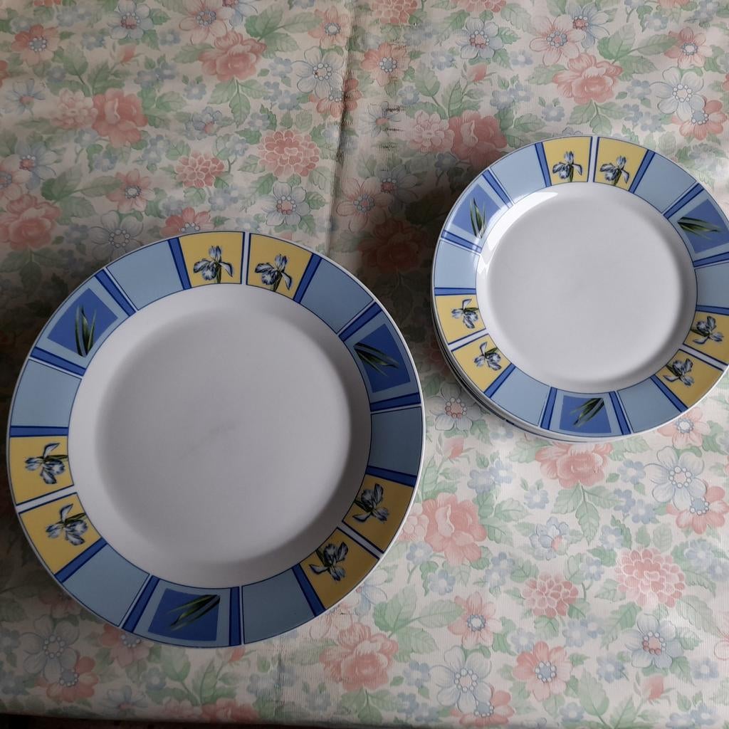 Stapel Borden- set afgewerkt met bloemmotief op rand, Huis en Inrichting, Keuken | Servies, Ophalen, Overige materialen, Zo goed als nieuw