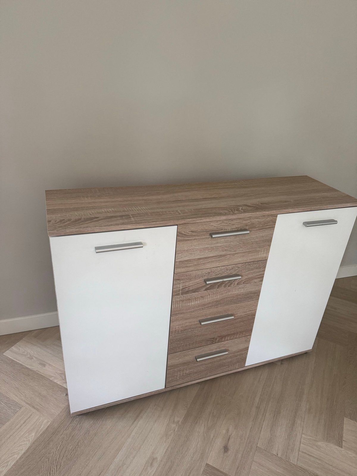 Dressoir met lades en deuren - Hout en wit, Ophalen, 100 tot 150 cm, Zo goed als nieuw, Met lade(s)