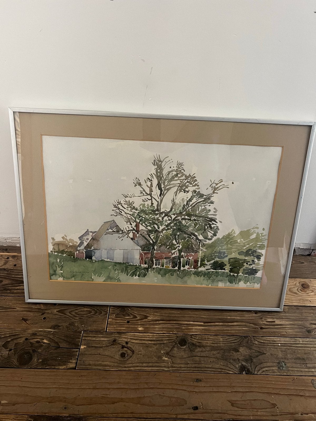 Aquarel Frans Landschap met Boerderij en Boom, Antiek en Kunst, Realistisch, Ophalen of Verzenden, Landschap, Aquarel