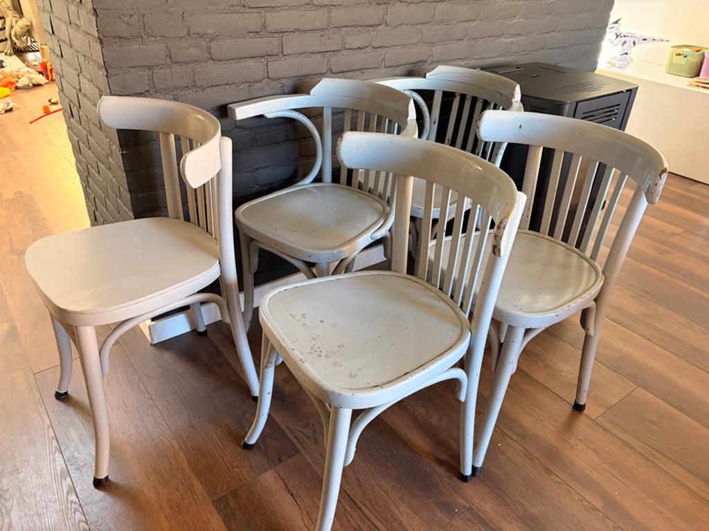 5 gebruikte grijze caféstoelen - opknappers, Ophalen