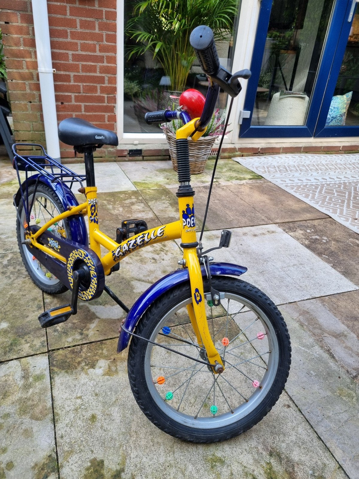 Gazelle kinderfiets - Geel/Blauw - gebruikt maar heel mooi, Ophalen, Velgrem, Gazelle, Minder dan 16 inch