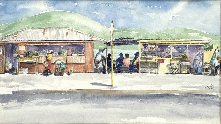349. Aquarel, A. Miller – markt tafereel, 1988
