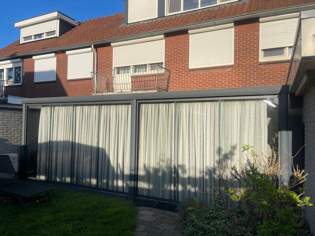 Aluminium veranda met polycarbonaat dak/glazen schuifdeuren, Ophalen, Zo goed als nieuw, Veranda