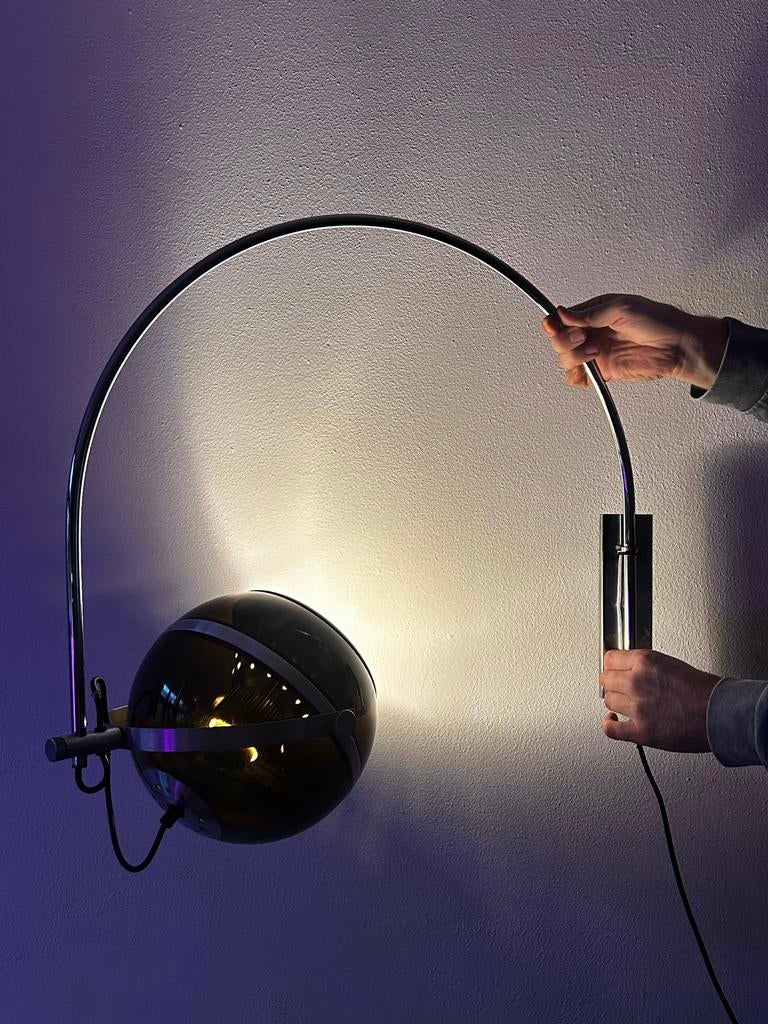 Bruine Dijkstra globe arc wandlamp space age jaren '70, Ophalen of Verzenden