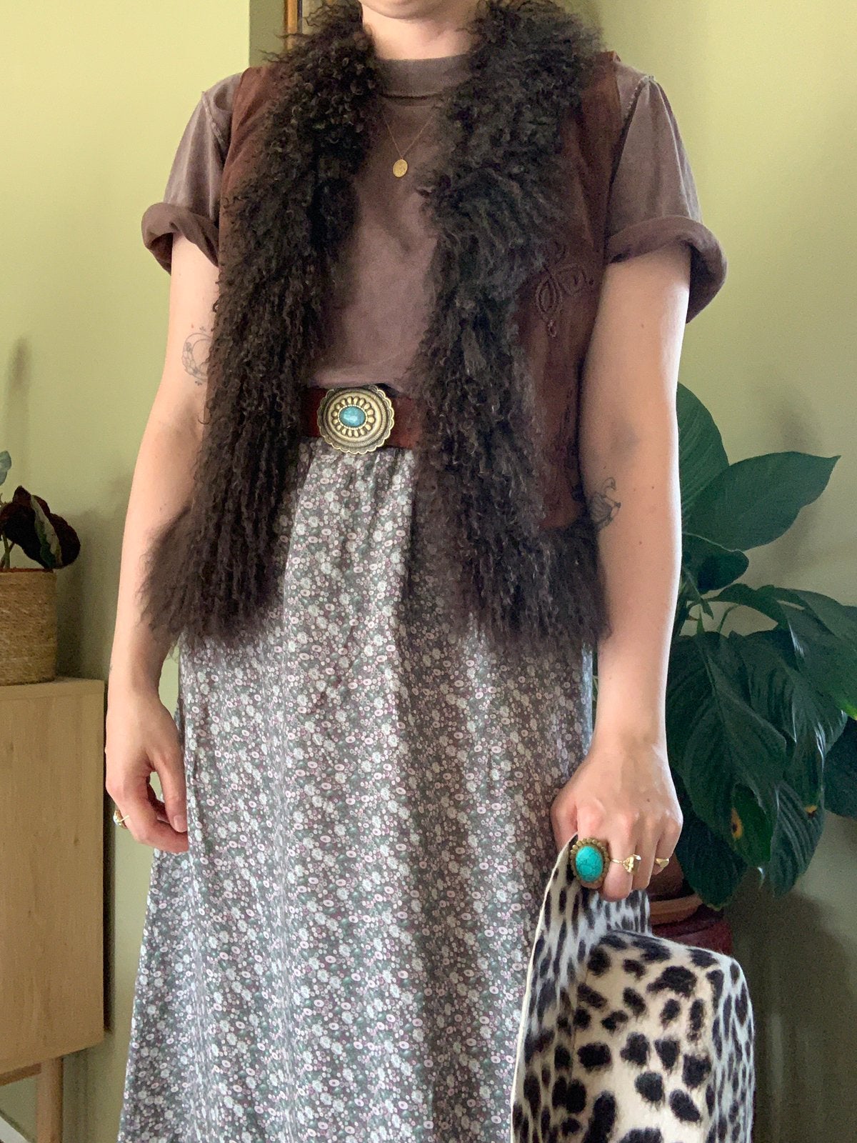 Vintage mongolian fur afghan gilet M bohemian waistcoat, Maat 38/40 (M), -, Ophalen of Verzenden, Zo goed als nieuw