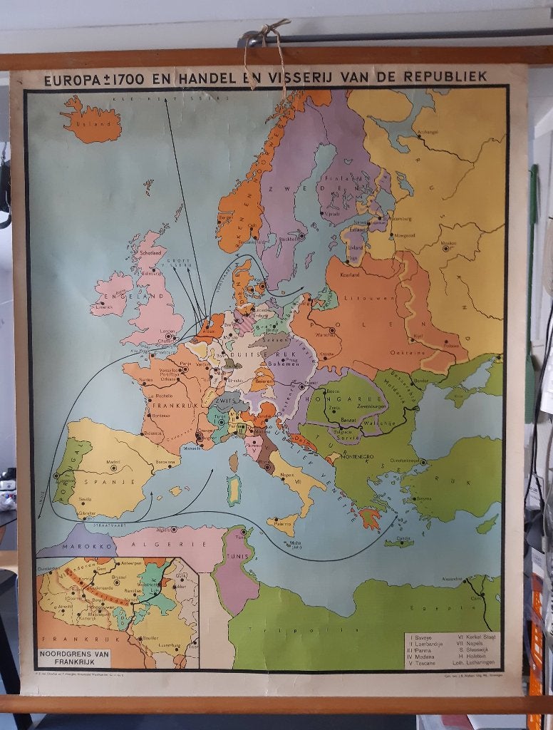 Historische wandkaart Europa ca. 1700 handel en visserij, Antiek en Kunst, Ophalen, Geschiedenis