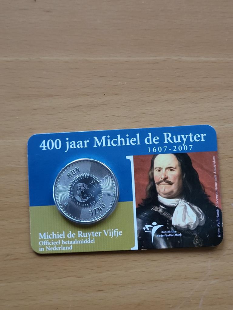 Michiel de Ruyter Vijfje - Zilveren Herdenkingsmunt, Verzenden, Euro's, Losse munt, Zilver