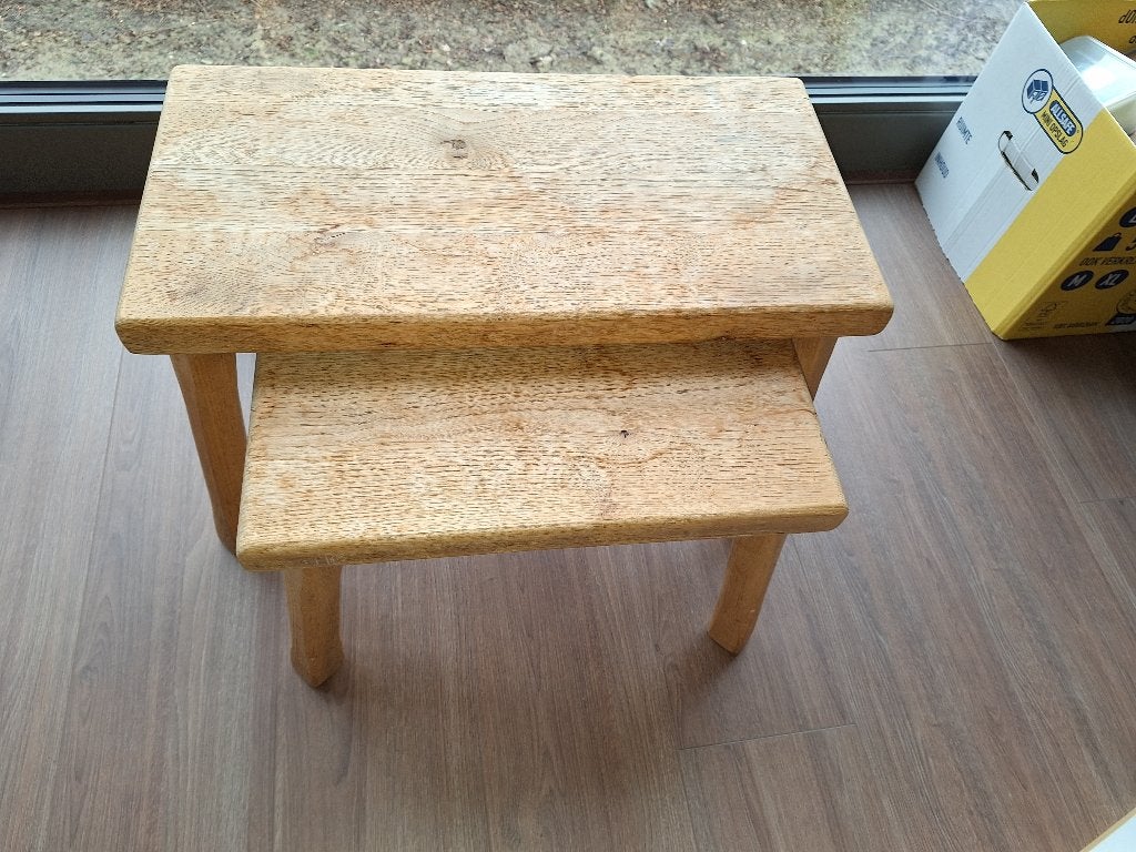 Uniek zwaar eiken vintage sidetables (bijzet tafels), Minder dan 55 cm, Gebruikt, Eikenhout  Vintage, Rechthoekig