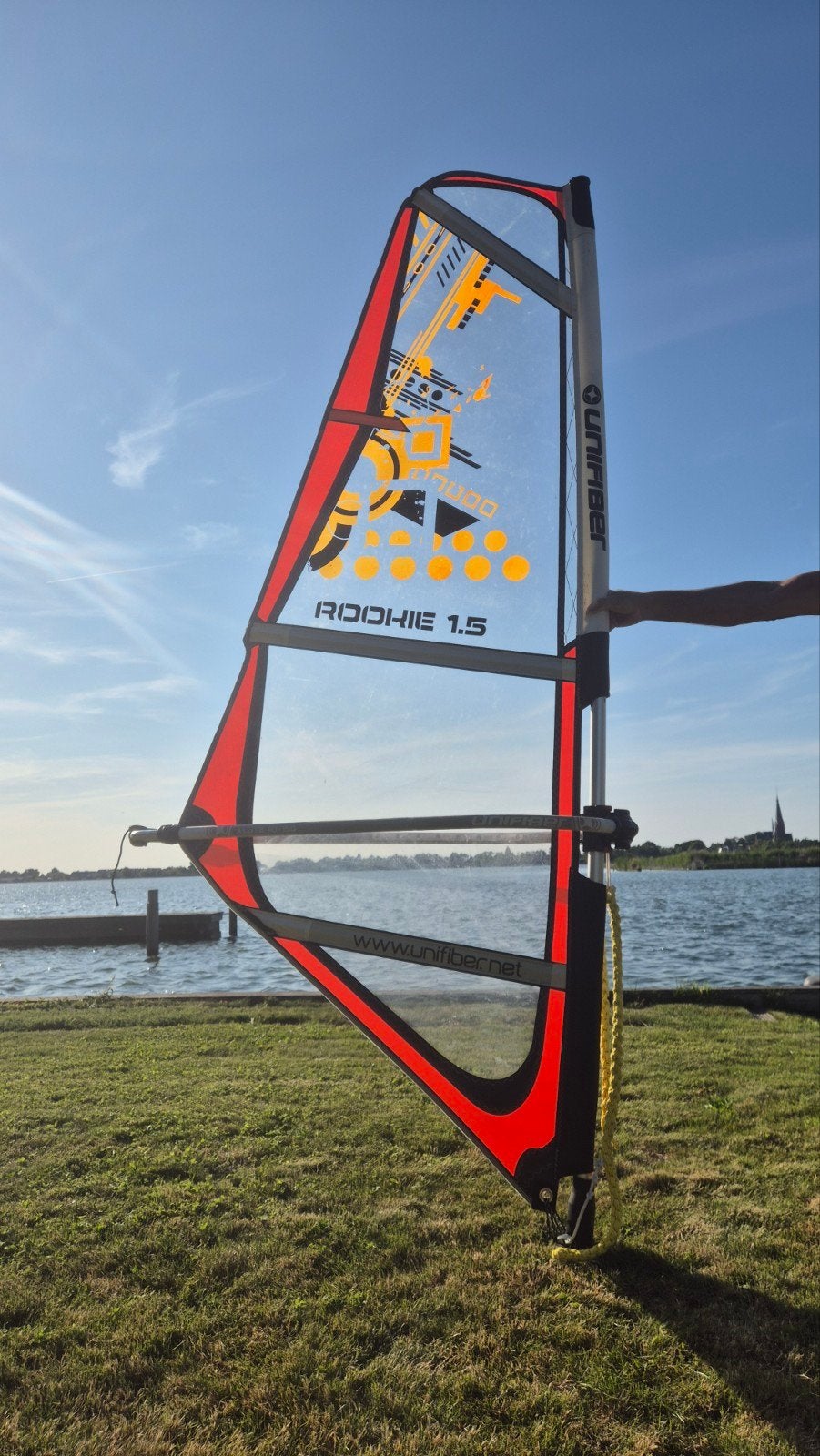 Unifiber Rookie 1.5 Windsurfzeil compleet kinderzeil, Watersport en Boten, Windsurfen, Ophalen, Met giek, Minder dan 3.5 m², Zo goed als nieuw