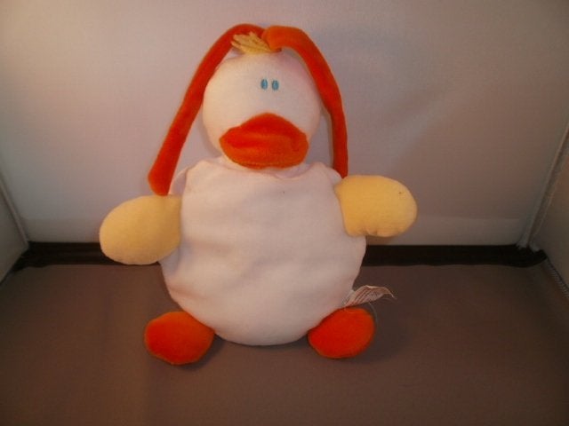 HEMA eend rammel en knisper oranje geel wit velours 20 cm, Kinderen en Baby's, Speelgoed | Knuffels en Pluche, Hema, Met geluid