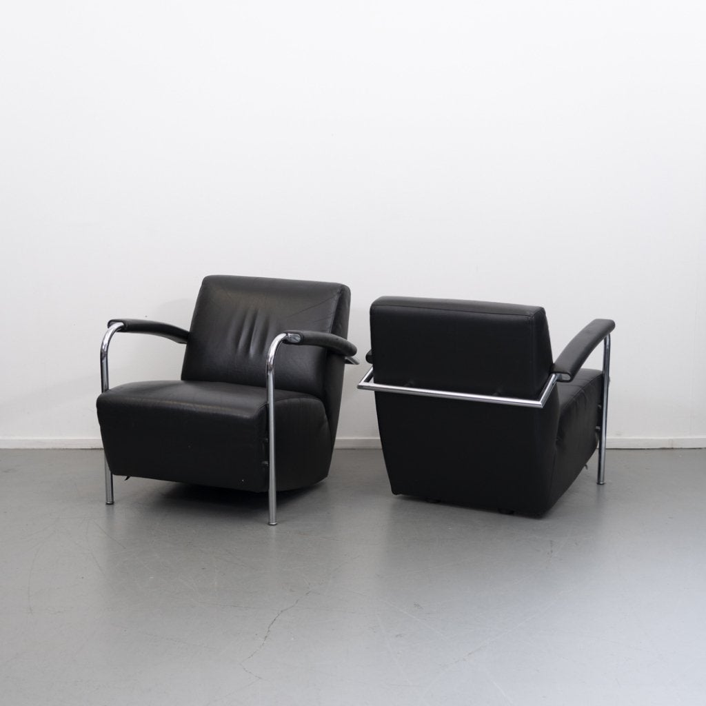 2x Leolux Scylla fauteuils zwart leder - chroom buisframe, Huis en Inrichting, Fauteuils, Niet ingevuld, Niet ingevuld, Leer, Ophalen of Verzenden