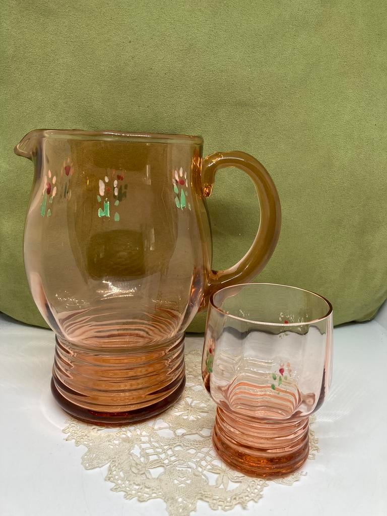Vintage zalmrose waterkan met glas (251022), Antiek en Kunst, Antiek | Glas en Kristal, Ophalen of Verzenden