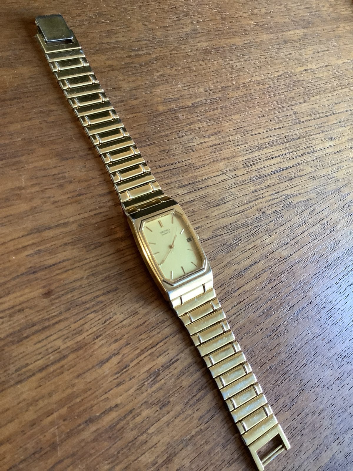 seiko tank goud vintage quartz horloge 1996 met datum, Ophalen, Gebruikt, Staal, Polshorloge