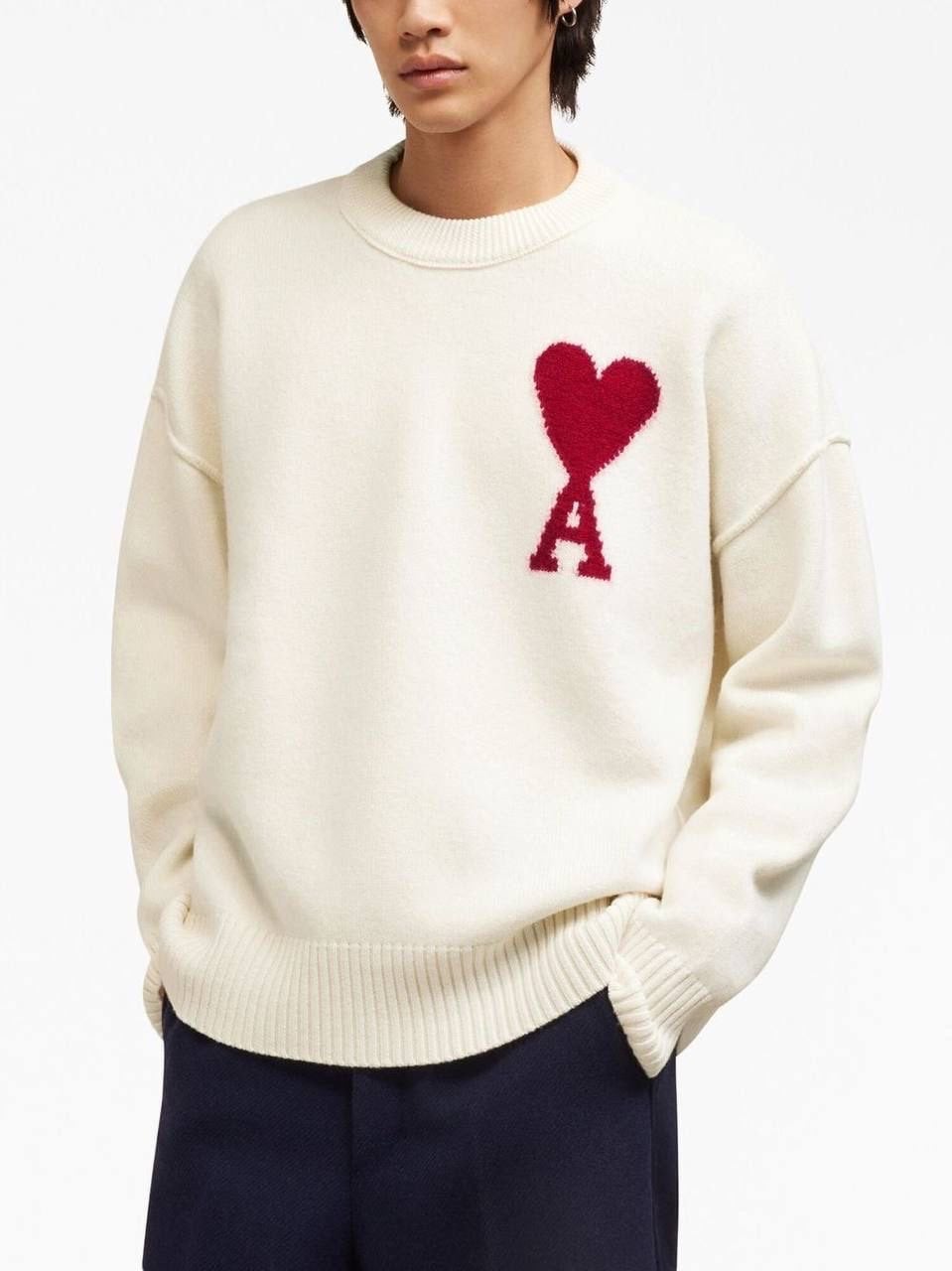 Ami Paris Ami de Coeur Trui - Crème met Rood Hart, Ophalen of Verzenden, Zo goed als nieuw, Maat 52/54 (L), Wit