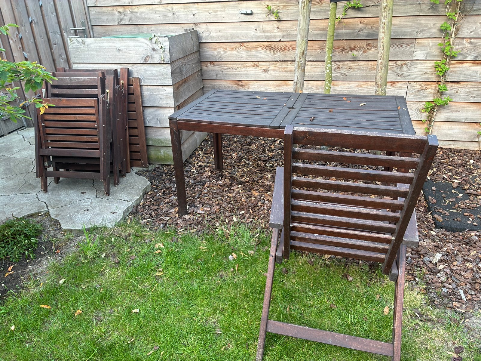 Houten tuinset: tafel en 5 stoelen IKEA, Tuin en Terras, Ophalen, Gebruikt, Rechthoekig, Hout