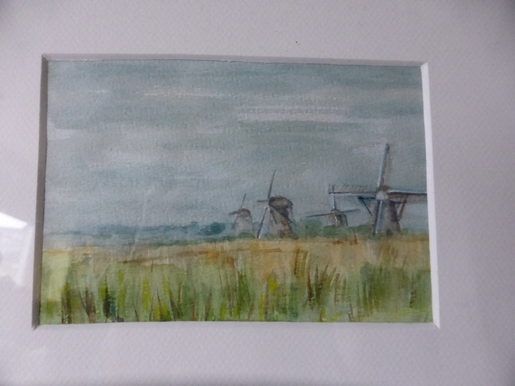 Schilderij Hollandse molens - aquarel Molens bij Kinderdijk, Realistisch, Origineel werk, Ophalen of Verzenden, Landschap