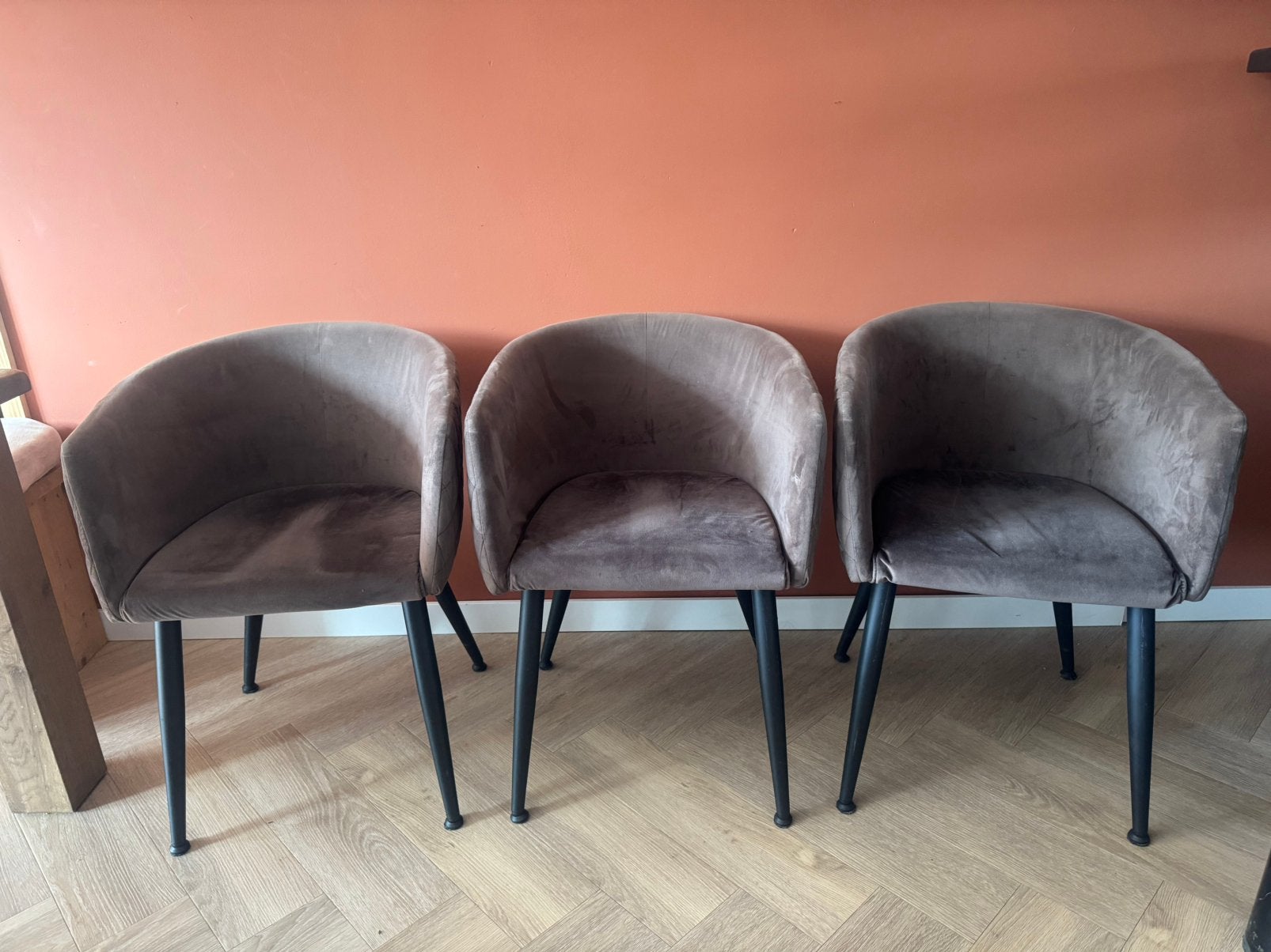 3x velvet eetkamerstoel taupe/bruin | afneembaar kussen, Ophalen, Gebruikt, Bruin, Stof