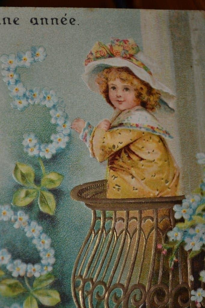 frankrijk nieuwjaar relief 1907 meisje op balkon bloemen, Ophalen of Verzenden, Voor 1920, Gelopen, Sterren en Beroemdheden