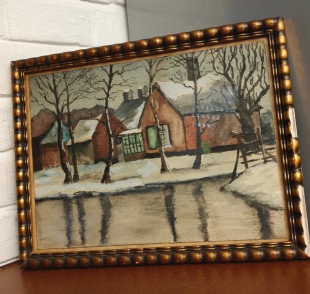 Vintage Aquarel Winterlandschap Origineel Schilderij, Ophalen of Verzenden, Landschap, Aquarel, Origineel werk