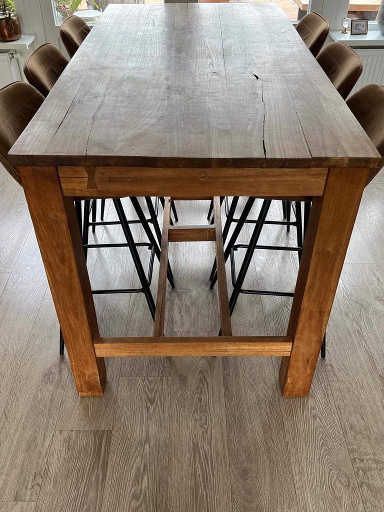 Stoere teakhouten bartafel + 6 barkrukken-complete set!, Ophalen of Verzenden, Zo goed als nieuw, 4 tot 6 stoelen