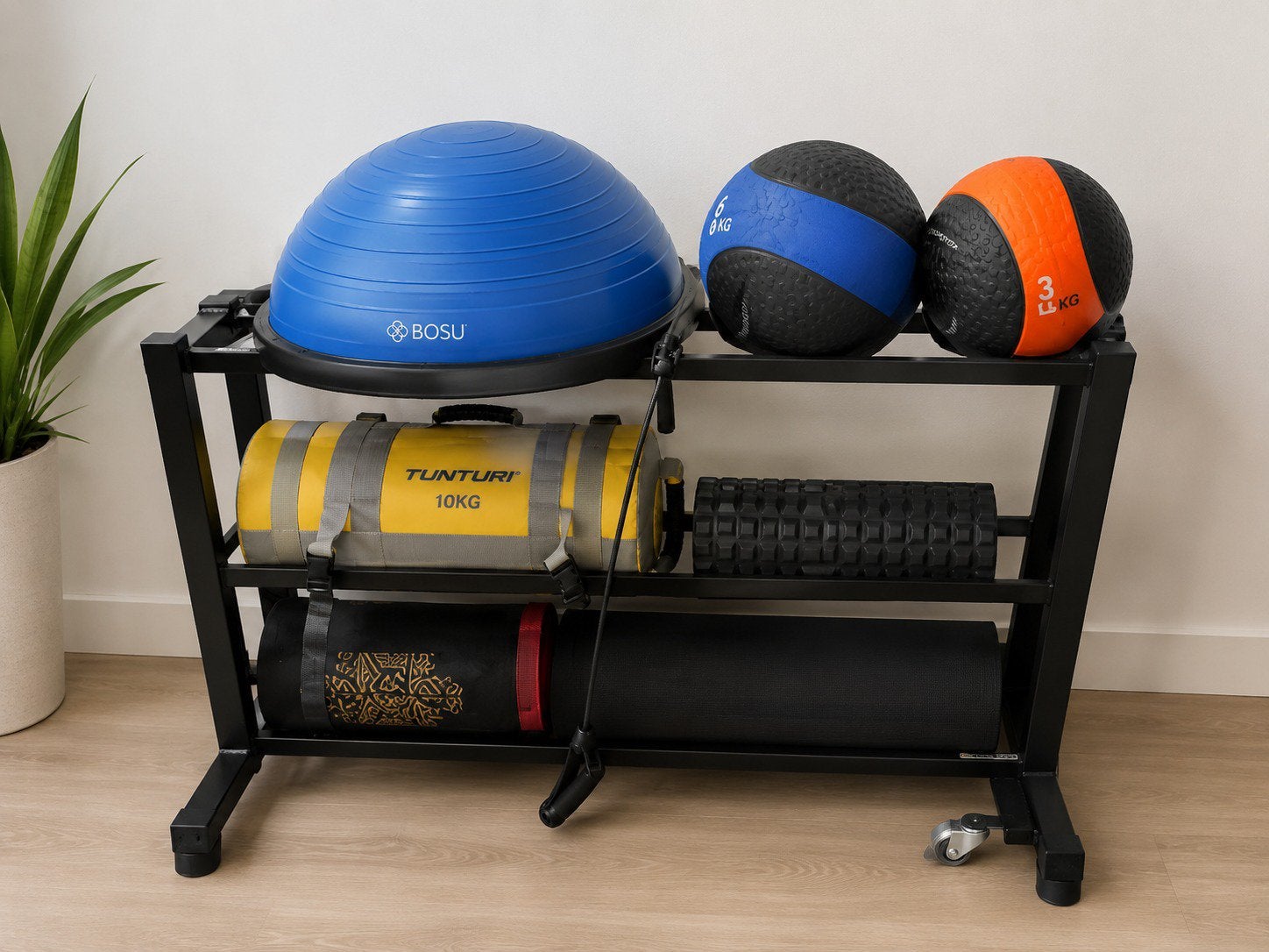 Fitness rek met BOSU, medicine balls, sandbag en accessoires, Sport en Fitness, Fitnessmaterialen, Ophalen, Zo goed als nieuw