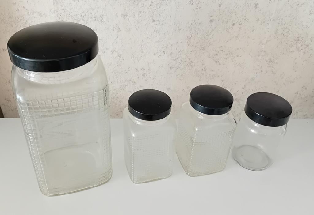 Set van 4 vintage glazen voorraadpotten met bakeliet deksels, Ophalen of Verzenden