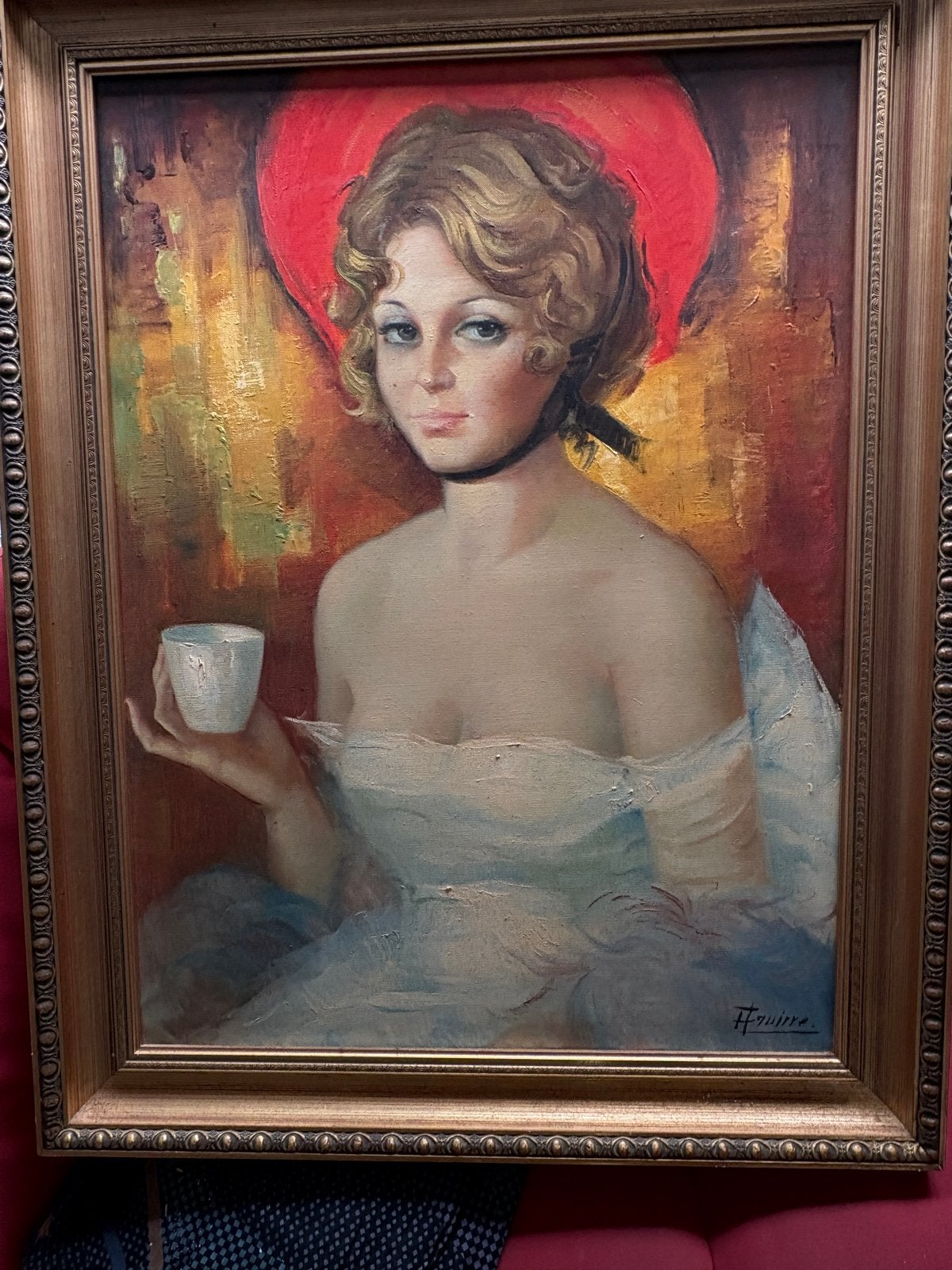 Olieverfschilderij Vrouw met Kopje, gesigneerd  H. Aguirre, Ophalen, Doek, Portret of Personen, Realistisch
