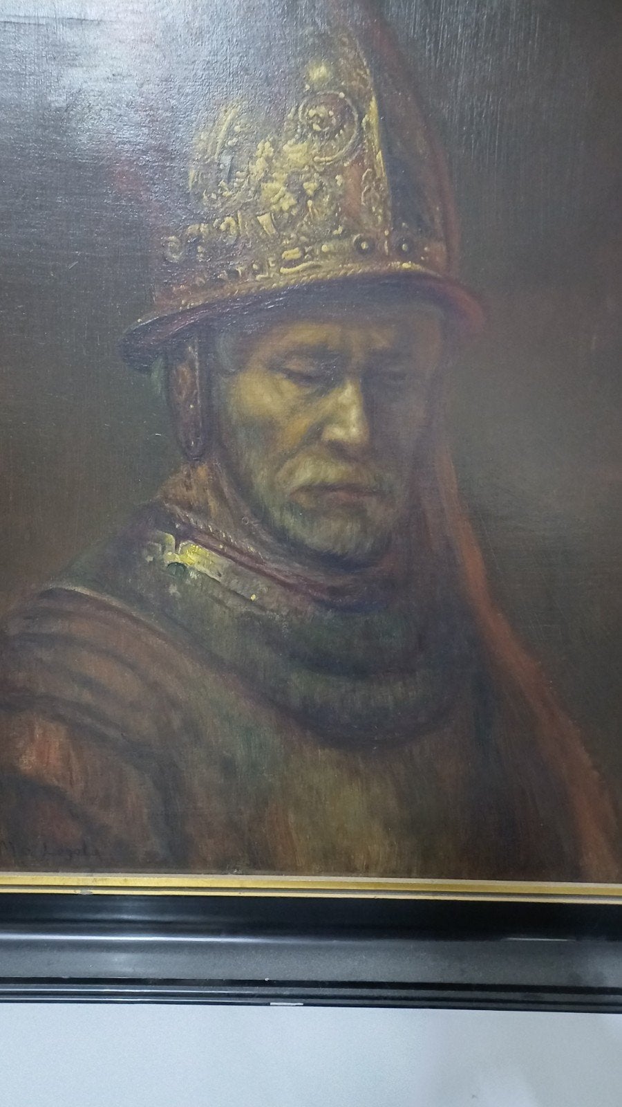 Olieverfschilderij: Man met hoed in Rembrandt-stijl op eiken, Antiek en Kunst, Ophalen