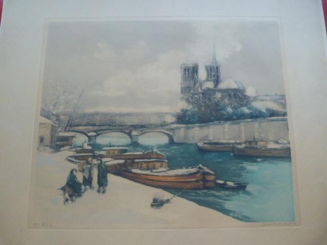 Aan de Seine  -  kleurets  - gesigneerd., Antiek en Kunst, Kunst | Etsen en Gravures, Ophalen of Verzenden, Stadsgezicht, Ets