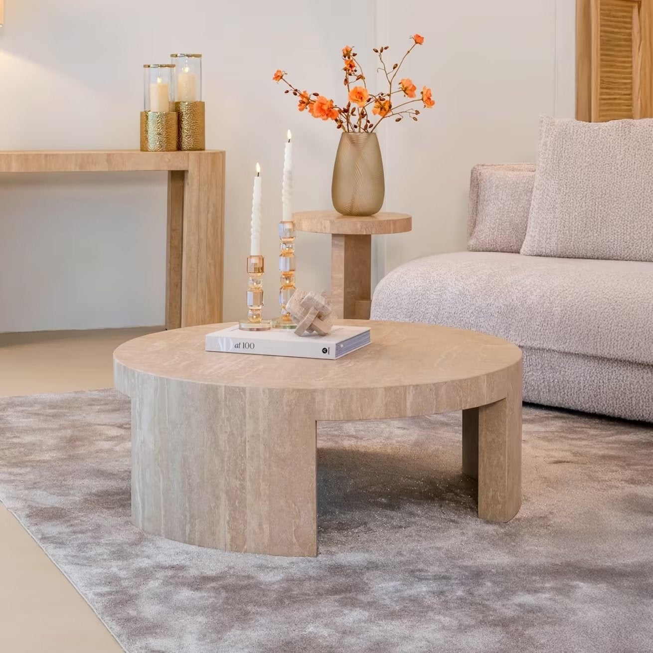 Richmond Interiors Ronde Salontafel Biltmore Travertin 100cm, Ophalen, Overige materialen, 50 tot 100 cm, 100 tot 150 cm
