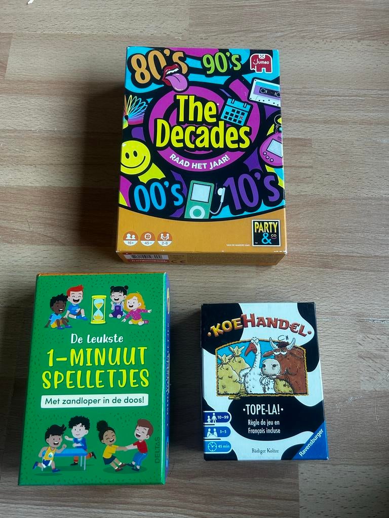 Bordspellen: The Decades, Koehandel & 1-Minuut Spelletjes, Drie of vier spelers, Ophalen of Verzenden, Gebruikt