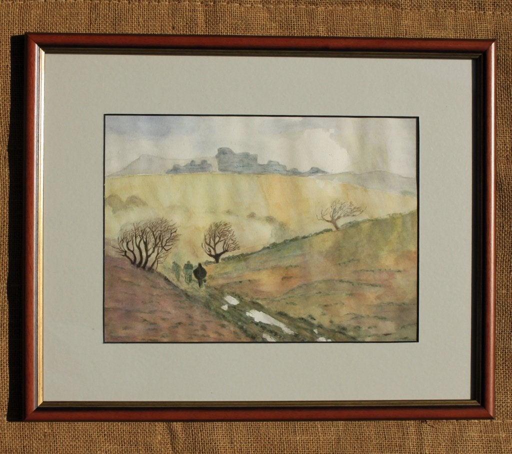 Aquarel met lijst - Landschap   4    Onderweg naar..?, Antiek en Kunst, Landschap, Acrylverf, Papier/karton, Ophalen of Verzenden
