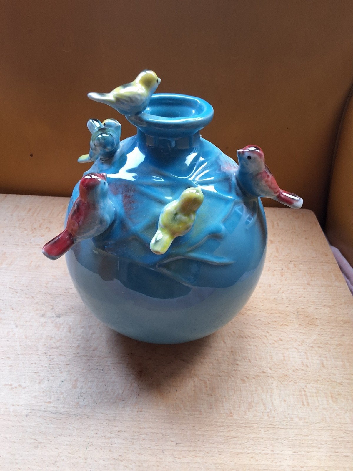 Unieke blauwe vaas met vogels - Handgemaakt keramiek, Ophalen of Verzenden, Handgemaakt